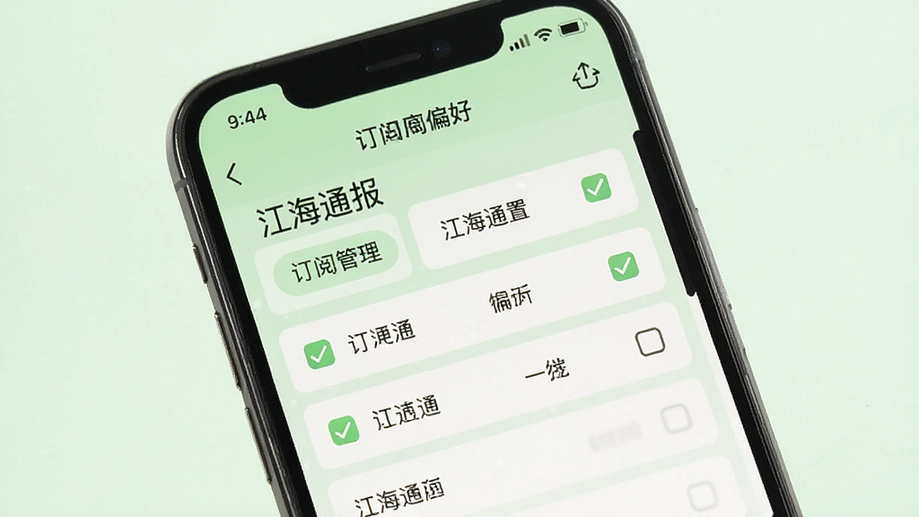 一张手机设置订阅偏好界面的图片,屏幕中显示“江海通报”订阅管理页面,包含多个可勾选的分类标签,风格清新,背景为浅绿色,布局干净,画质清晰
