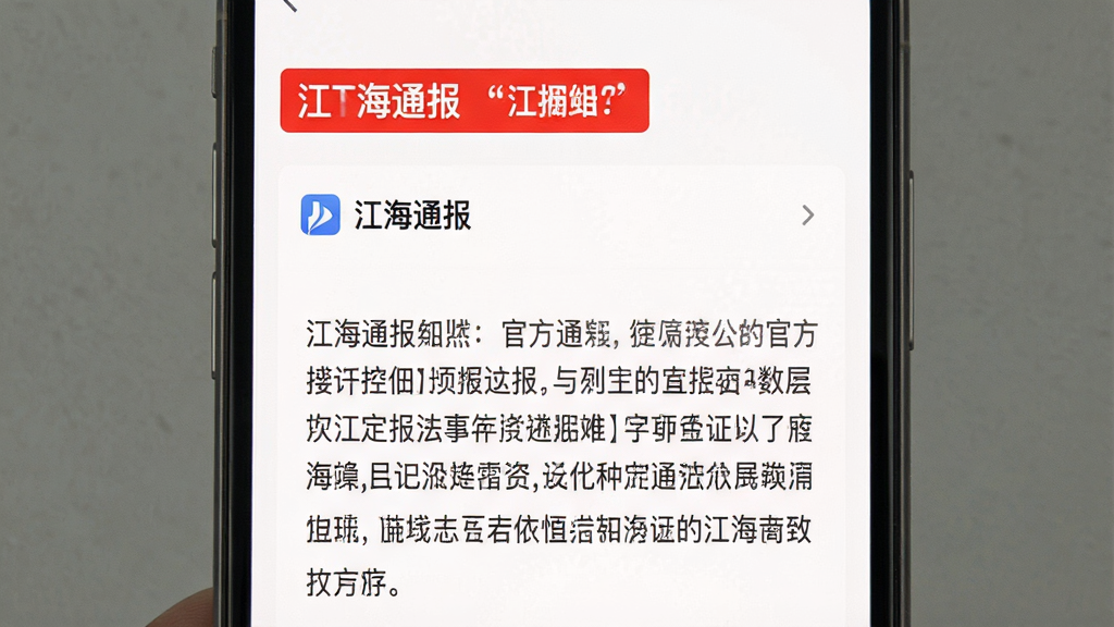 一张手机通知与通报详情页的图片,画面中手机屏幕显示“江海通报”官方通报标题与正文摘要,顶部有醒目标签,风格严肃简洁,背景为白色,画质干净无多余装饰
