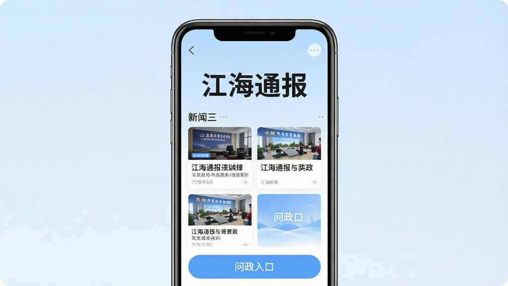 一张手机屏幕展示本地资讯与问政类APP界面的图片,画面中央是手机正视图,屏幕内显示“江海通报”四个大字以及下方排列整齐的新闻卡片和问政入口按钮,背景为淡蓝色渐变,风格简洁现代,细节清晰,画质干净,无多余元素