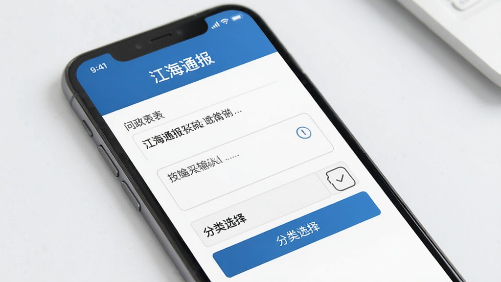 一张手机问政提交页面的图片,屏幕中显示“江海通报”问政表单,包含文字输入框和分类选择按钮,界面为蓝色调,风格商务简洁,布局清晰,画质干净