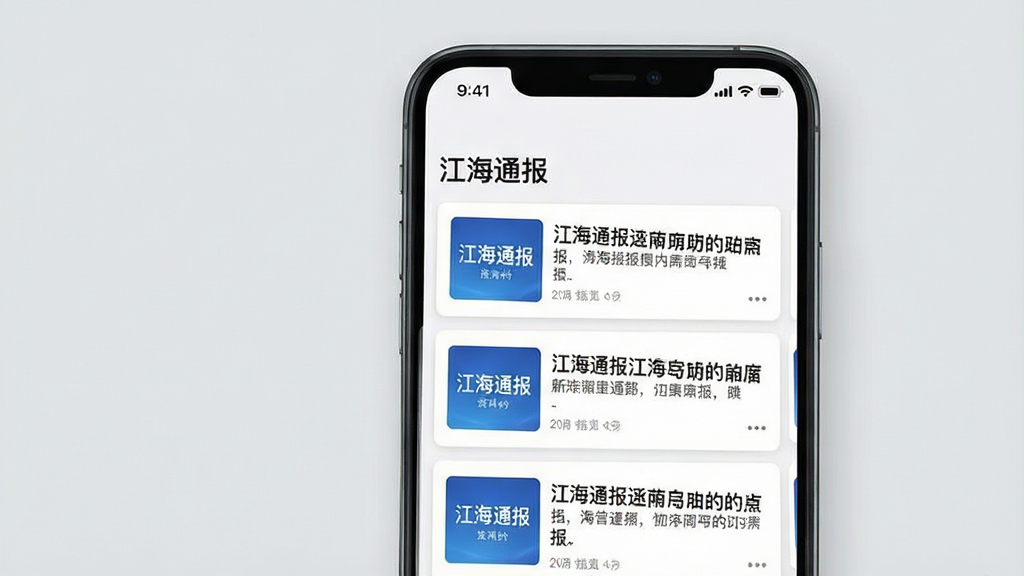 一张展示手机资讯列表界面的图片,画面中手机屏幕显示“江海通报”资讯流,标题清晰可见,布局为上下滑动卡片式,风格清爽,背景为浅灰色,画质干净无杂乱元素