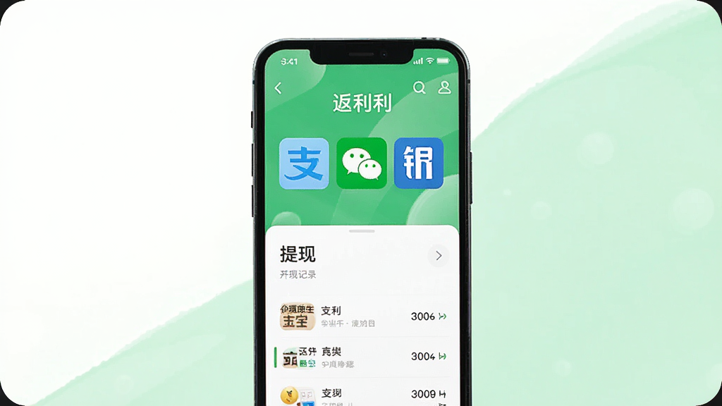 返利软件提现页面展示图,画面中央为手机屏幕显示返利APP提现界面,包含支付宝、微信、银行卡图标,页面下方有提现记录列表,背景为白色和浅绿色搭配,风格简约,细节清晰,画质干净,无多余元素