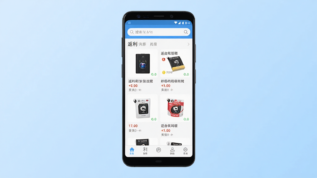 返利软件主界面预览图,画面中央放置一部安卓手机,屏幕显示返利APP首页,顶部搜索框,中部展示商品返利列表,底部导航栏,背景为浅蓝色渐变,风格简洁现代,细节清晰,画质干净,无多余元素