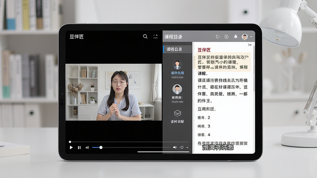 主体为平板电脑横屏展示“豆伴匠”课程播放界面,界面中显示课文原文与老师讲解视频同屏,布局为左侧视频窗口右侧文字讲义,背景为整洁的书房环境,风格为现代在线教育场景,细节包含播放控制条、课程目录侧边栏、清晰的中文字幕,画质为高清2K,干净,无多余元素