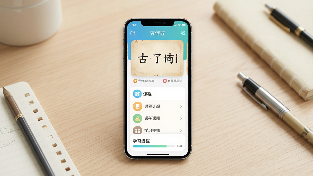 主体为一部智能手机屏幕,屏幕上显示“豆伴匠”应用主界面,界面中包含古诗文卡片、课程列表与学习进度条,布局为居中手机正面展示,背景为浅色木质书桌与文具,风格为清新教育类产品展示图,细节包含柔和阴影、圆角图标、清晰的文字标签,画质为高清2K,干净,无多余元素
