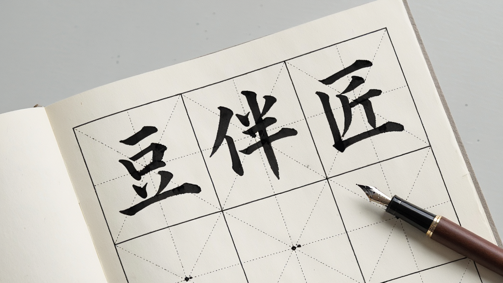 主体为一张展开的字帖练习纸与一支钢笔,字帖上印有“豆伴匠”古诗大字版字样与田字格,布局为俯视平铺展示,背景为浅灰色桌面,风格为文雅学习用品风格,细节包含清晰的字帖格线、墨迹质感、纸张纹理,画质为高清2K,干净,无多余元素