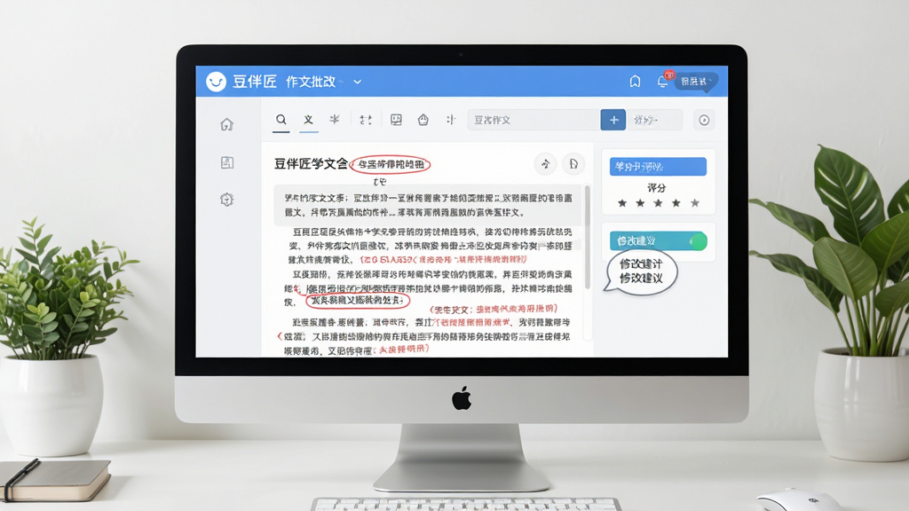 主体为电脑屏幕显示“豆伴匠”作文批改界面,界面中包含学生作文段落与红色批注标记,布局为居中屏幕展示,背景为简约书桌与绿植,风格为教育软件界面展示,细节包含清晰的批改文字、评分区域、修改建议气泡,画质为高清2K,干净,无多余元素