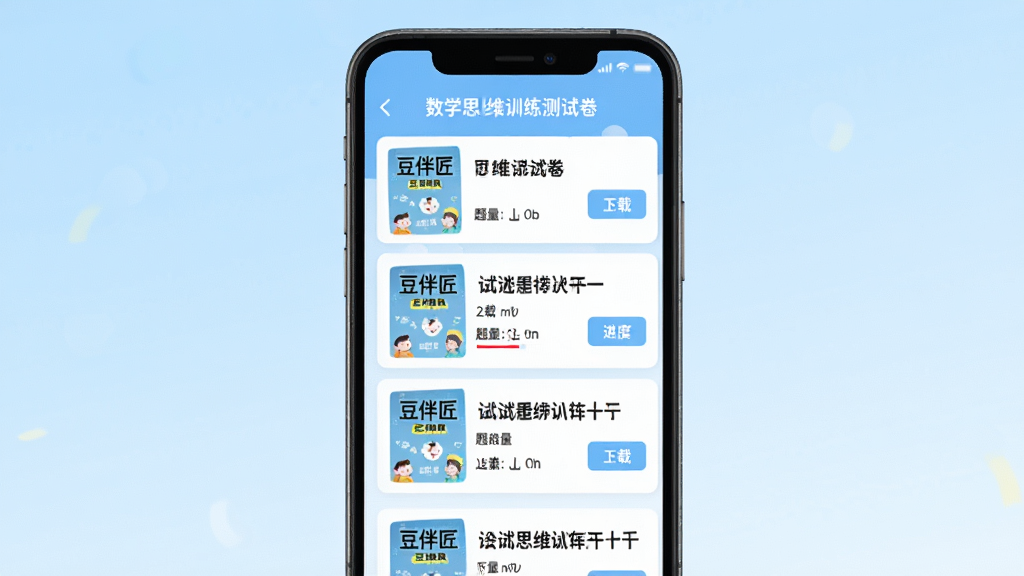 主体为手机屏幕显示“豆伴匠”数学思维训练测试卷列表,界面中包含试卷封面缩略图与下载按钮,布局为纵向列表展示,背景为浅蓝色渐变,风格为清爽工具类应用界面,细节包含清晰的试卷标题、题量标注、下载进度图标,画质为高清2K,干净,无多余元素