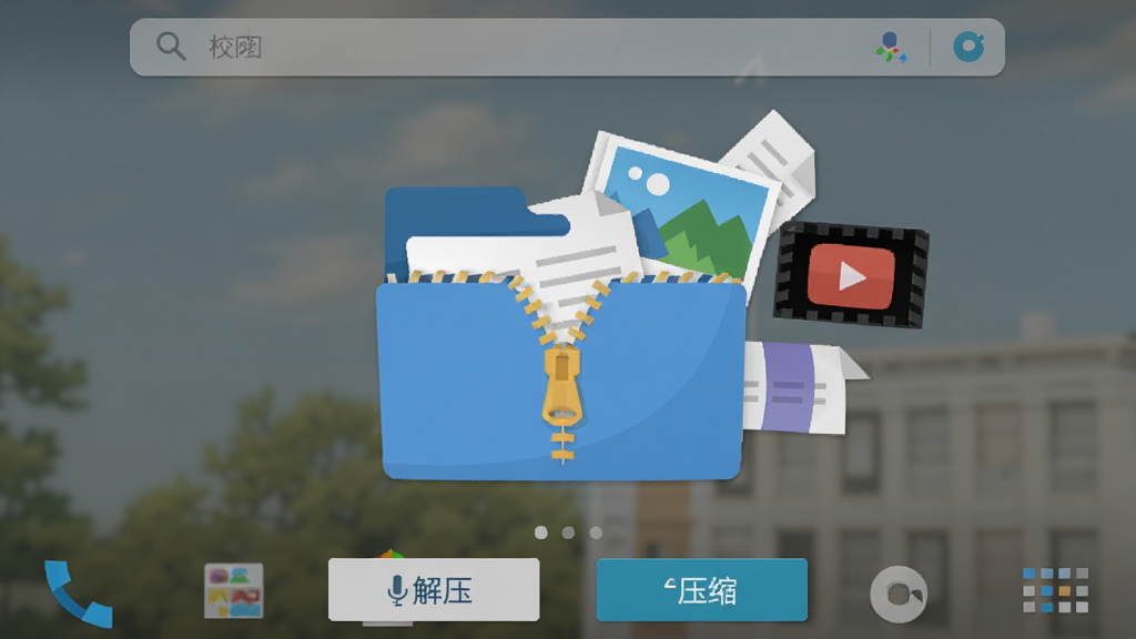 解压缩全能王软件主界面截图,画面中央展示一个带有拉链元素的蓝色文件夹图标,文件夹正向外吐出文档、图片和视频文件,背景是简洁的安卓手机桌面,顶部有搜索栏,底部有解压和压缩按钮,风格扁平化,配色清爽,细节清晰,画质干净,无多余元素