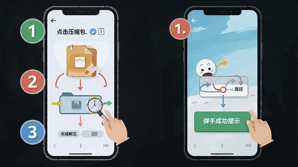 解压缩全能王新手操作流程图,画面以手机屏幕为载体,分三步展示:第一步点击压缩包,第二步选择解压路径,第三步完成解压弹出成功提示,每步用数字圆圈标注,布局纵向排列,风格扁平插画,配色明快,细节清晰,画质干净,无多余元素