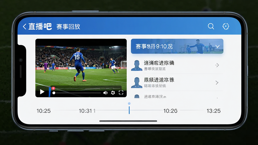 直播吧 赛事回放界面 手机屏幕 视频播放器 进球集锦列表 时间轴 蓝色调 干净 无多余元素 高画质