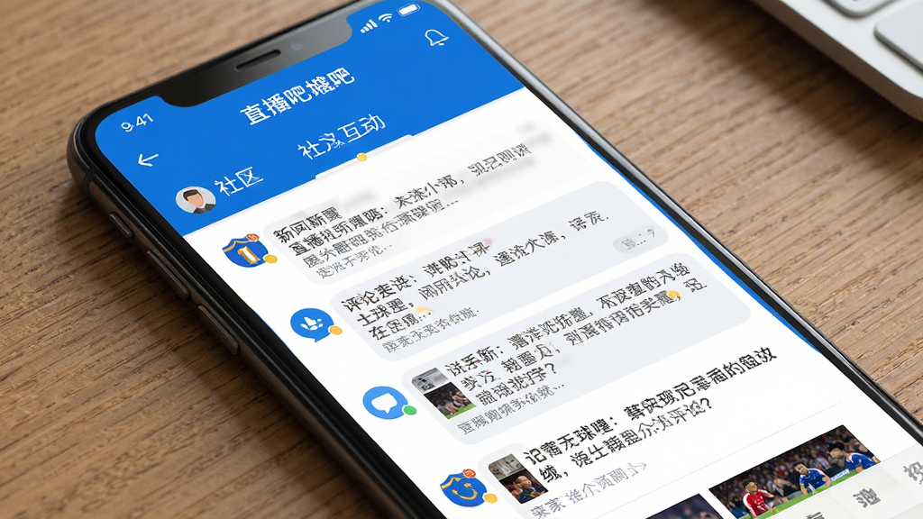 直播吧 社区互动界面 手机屏幕 评论区 球迷讨论 新闻列表 蓝色主题 干净 无多余元素 高画质