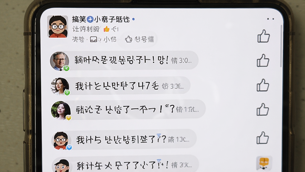 最右APP评论区界面,手机屏幕显示一条搞笑帖子下方密集的精彩评论,用户头像和点赞图标清晰可见,背景为浅色,风格简洁明快,细节丰富,画质清晰,无多余元素