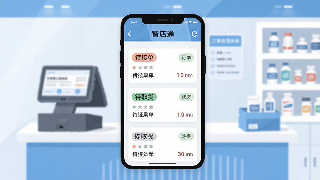 画面中央为一部手机,屏幕显示“智店通”订单处理列表,订单卡片上有待接单、待取货等状态标签,背景为简洁的药店收银台场景,采用扁平化插画风格,蓝白主色调,布局规整,细节清晰,画质干净,无多余元素