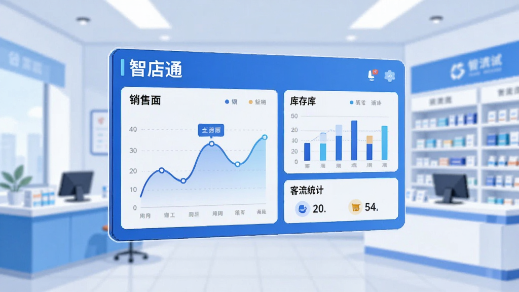 画面主体为一块悬浮在半空中的数据看板,看板上显示“智店通”字样以及销售曲线图、库存柱状图、客流统计等模块,背景为现代药店内部环境,采用扁平化科技插画风格,蓝白配色,布局清晰,细节丰富,画质干净,无多余元素