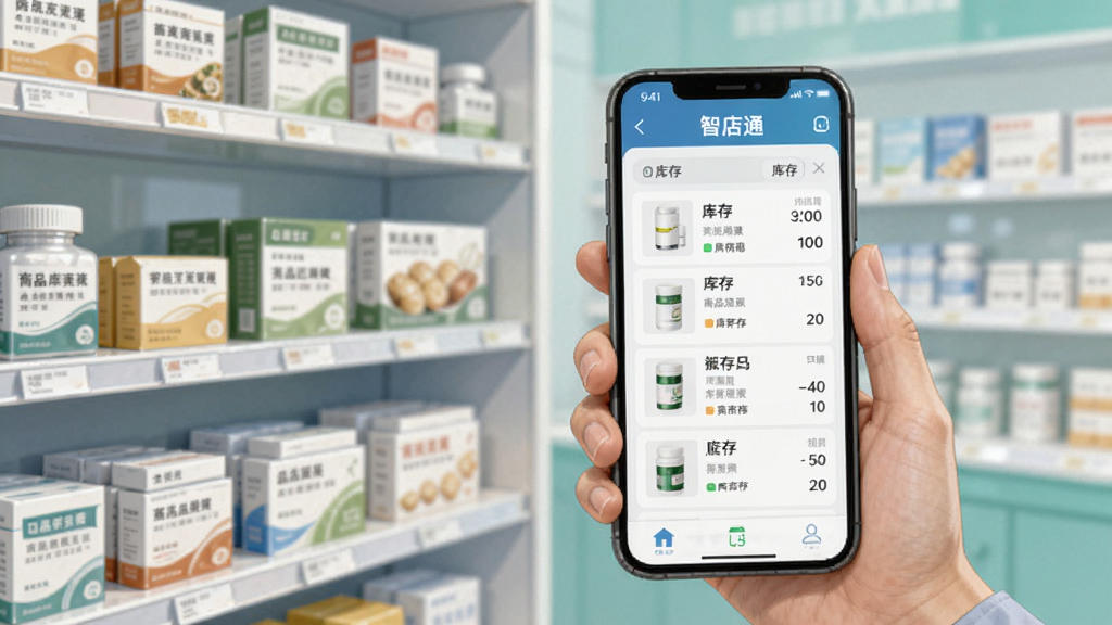 画面展示一名店员手持手机,手机屏幕显示“智店通”商品库存管理界面,界面中有商品列表和库存数字,身旁是摆放整齐的药品货架,采用写实插画风格,光线明亮,色调清新,细节清晰,画质干净,无多余元素