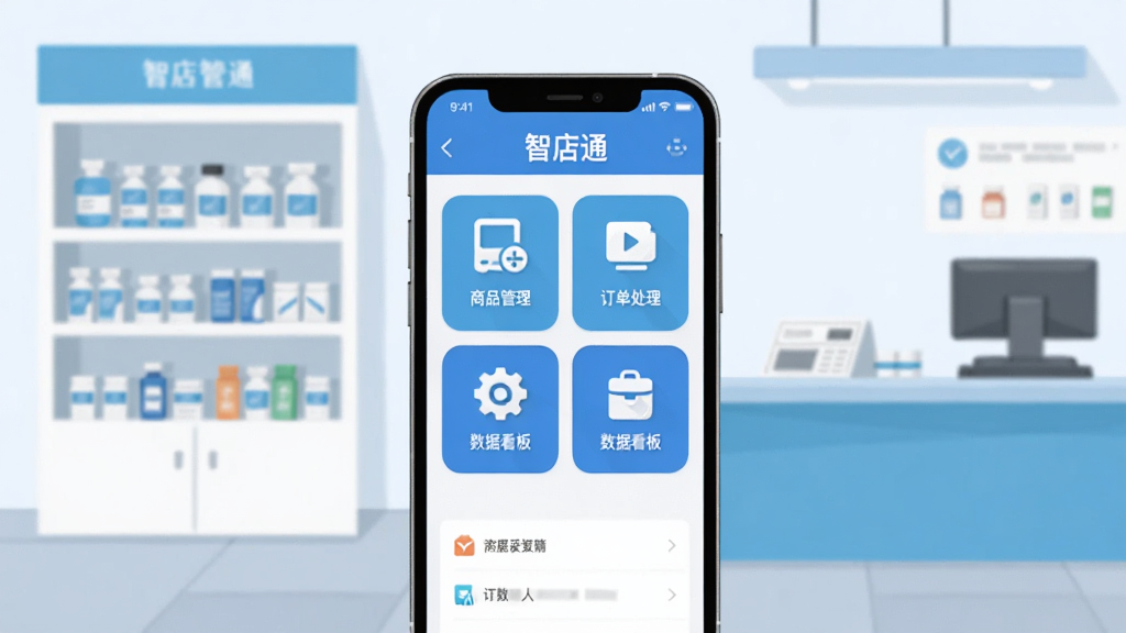 画面中央放置一部智能手机,手机屏幕显示“智店通”应用主界面,界面中包含商品管理、订单处理、数据看板等图标模块,背景为简洁的药店货架与柜台场景,整体采用扁平化插画风格,色调以蓝白为主,细节清晰,画质干净,无多余元素,适合作为软件下载站介绍配图
