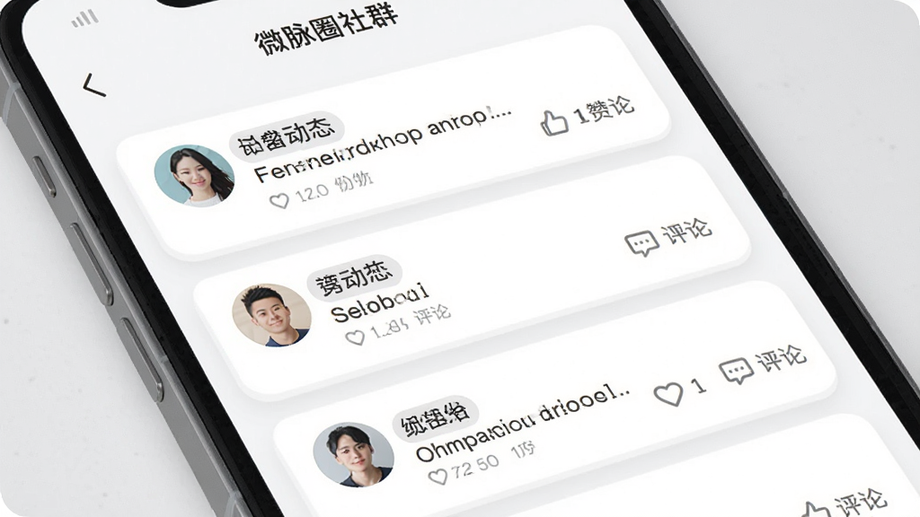 微脉圈社群页面展示,主体为手机屏幕中的圈子动态列表,布局为卡片式信息流,排版整齐,风格为柔和圆角,细节包含用户头像、动态文字、点赞评论图标,画质高清,干净,无多余元素