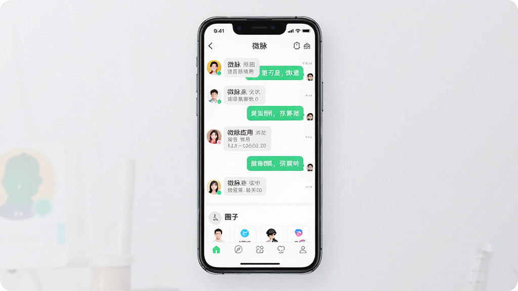 微脉应用主界面展示,主体为一部智能手机,屏幕中显示微脉聊天列表与圈子入口,布局为居中构图,排版清晰,风格为现代简约科技风,细节包含聊天气泡、头像图标、底部导航栏,画质高清,干净,无多余元素