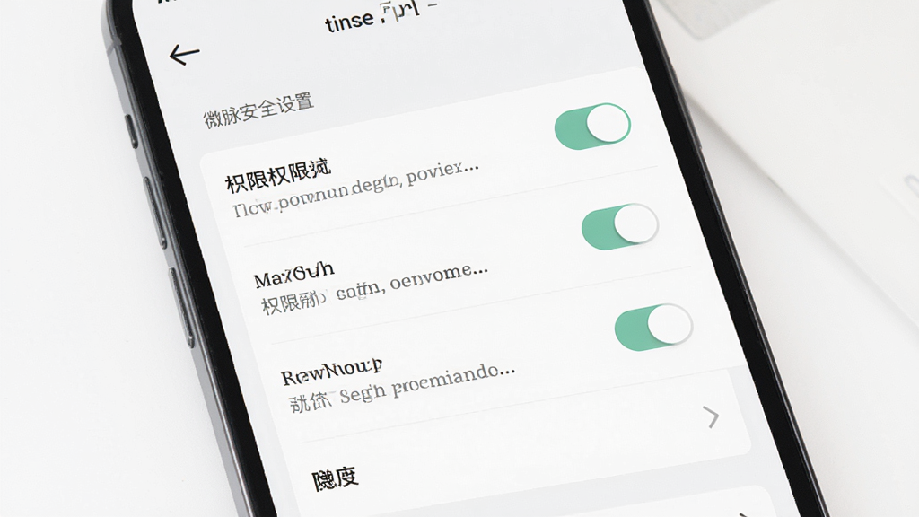 微脉安全设置页面,主体为手机屏幕显示隐私选项列表,布局为纵向菜单排列,排版简洁,风格为素雅极简,细节包含开关按钮、权限说明文字、返回箭头,画质高清,干净,无多余元素