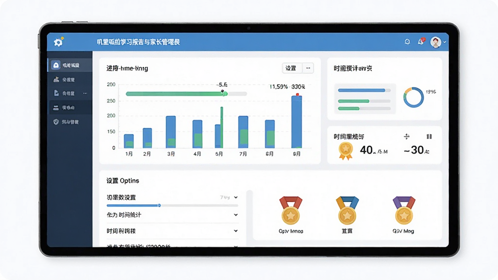 主体为叽里呱啦学习报告与家长管理界面,布局为上下结构上方为数据图表下方为设置选项,排版清晰简洁,风格为扁平化设计,细节包含进度条、时间统计、奖章图标,画质高清干净无多余元素