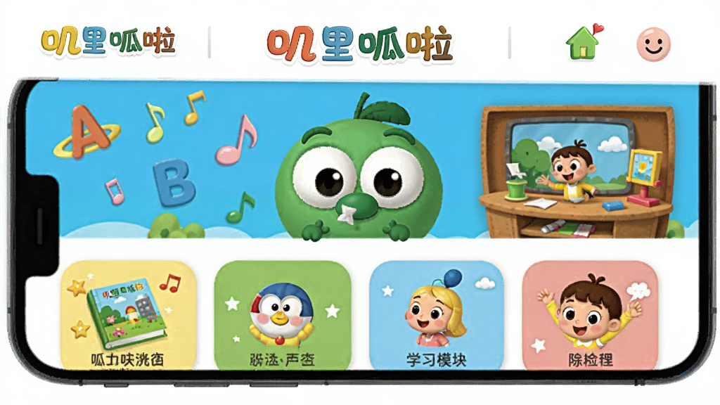 主体为叽里呱啦软件主界面与卡通形象呱呱,布局为手机屏幕展示课程卡片与动画场景,排版采用上下分层结构上方为品牌标识下方为学习模块入口,风格为明亮活泼的儿童插画风,细节包含彩色字母、音符、绘本元素与儿童笑脸,画质高清干净无多余元素