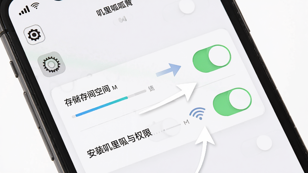 主体为叽里呱啦手机端安装与权限设置界面,布局为手机屏幕特写展示权限开关,排版采用箭头引导式说明,风格为写实UI风格,细节包含设置图标、存储空间条、WiFi信号,画质高清干净无多余元素
