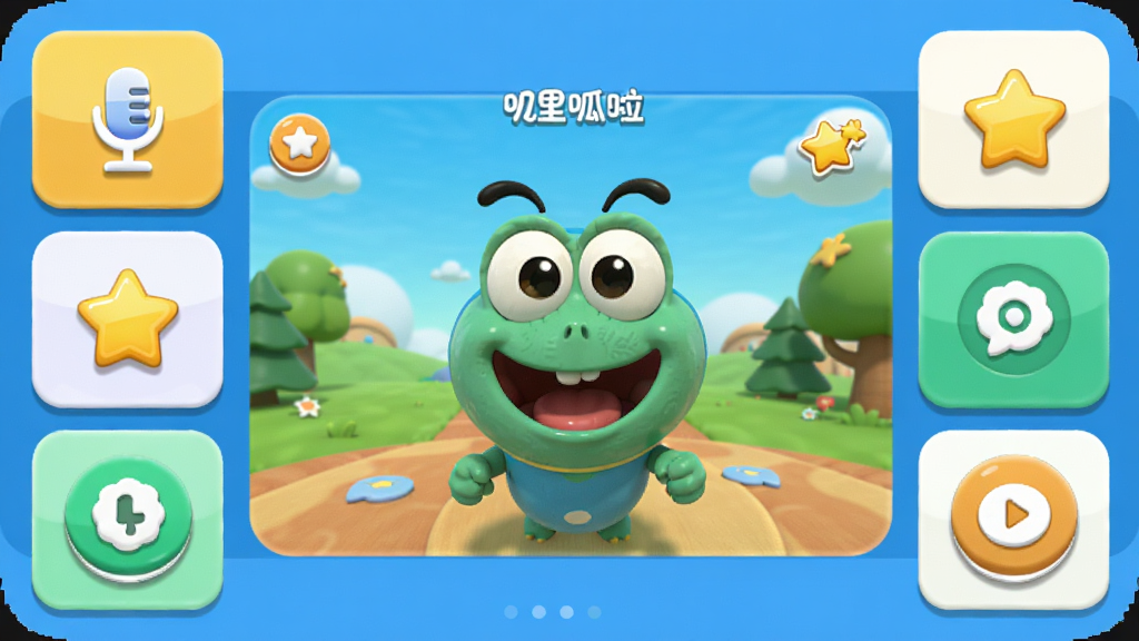 主体为叽里呱啦互动游戏界面与语音跟读场景,布局为中央展示游戏画面四周环绕功能按钮,排版采用卡片式分区,风格为卡通3D渲染,细节包含麦克风图标、星星奖励、动画角色呱呱,画质高清干净无多余元素