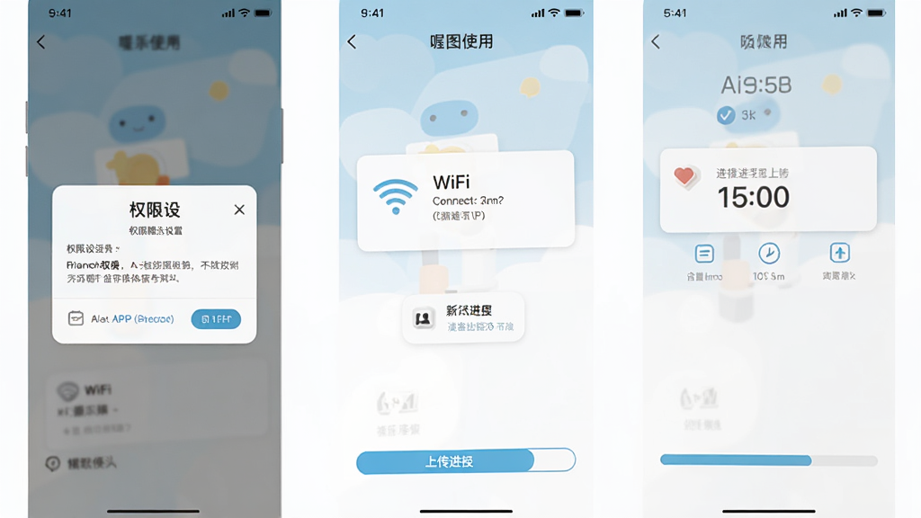 主体是喔图APP的新手使用界面截图,布局为手机屏幕展示引导页面,排版清晰,风格为扁平化设计,细节包括权限设置弹窗、WiFi连接提示、上传进度条,画质高清干净无多余元素