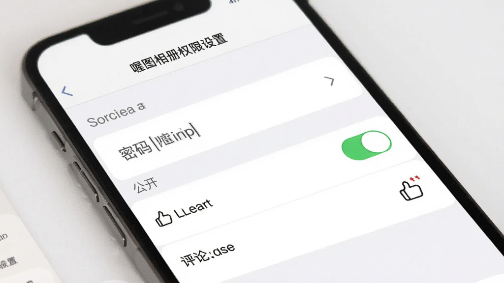 主体是喔图相册权限设置界面,布局为手机屏幕展示设置选项列表,排版清晰,风格为简约商务风,细节包括密码输入框、公开/私密切换开关、点赞评论图标,画质高清干净无多余元素