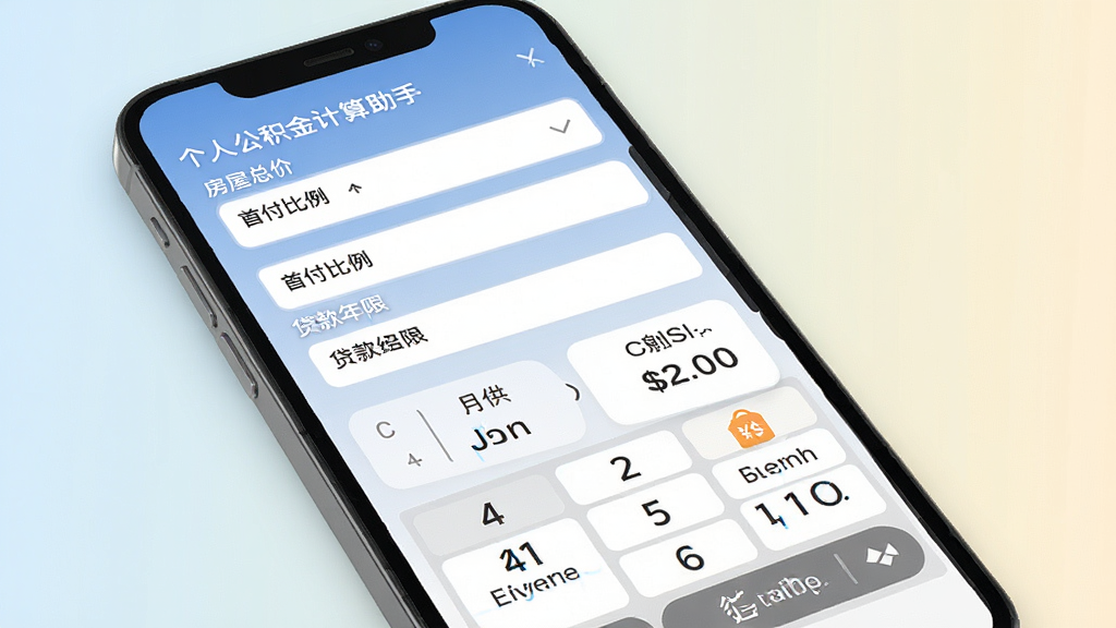 个人公积金计算助手贷款试算功能界面,画面中一部手机展示贷款计算器页面,屏幕上有房屋总价、首付比例、贷款年限等输入框,下方显示月供与总利息结果,背景为柔和浅色渐变,风格为清爽商务扁平设计,细节包含数字输入键盘、计算按钮、结果卡片,画质高清,干净,无多余元素