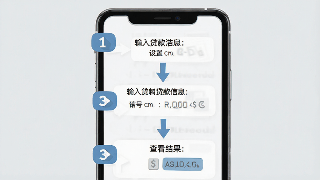 个人公积金计算助手新手使用教程示意图,画面展示手机屏幕从上到下的操作步骤,包含设置城市、输入贷款信息、查看结果三个环节,背景为浅灰色,风格为步骤引导式扁平设计,细节包含数字序号、箭头指引、手机边框,画质高清,干净,无多余元素