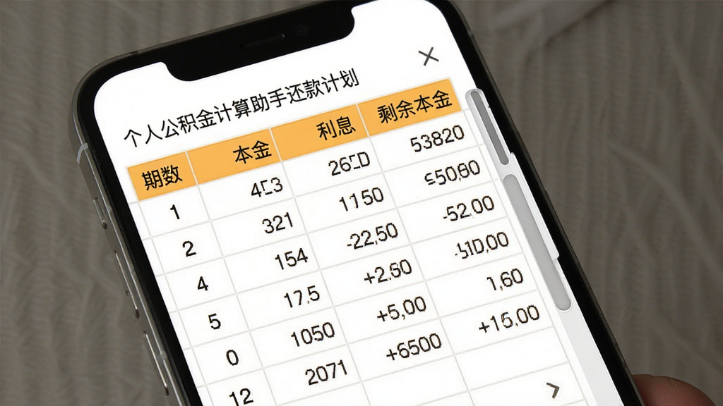 个人公积金计算助手还款计划表页面,手机屏幕展示逐月还款明细表格,包含期数、本金、利息、剩余本金等列,背景为纯白底色,风格为简约数据表格设计,细节包含表头高亮、数字对齐、滚动条,画质高清,干净,无多余元素