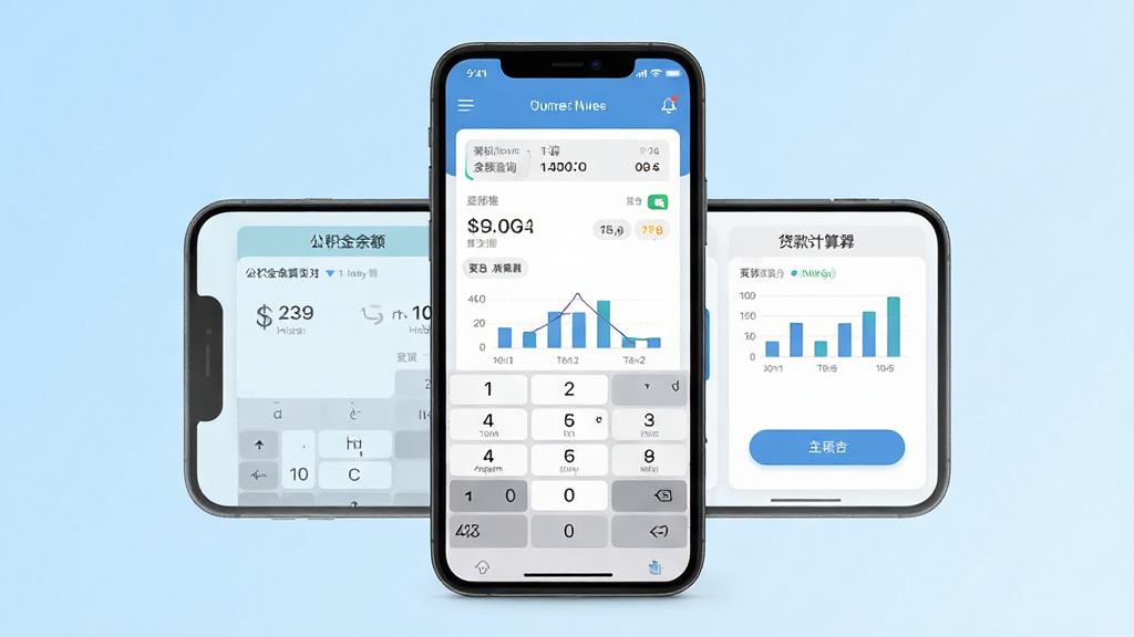 个人公积金计算助手软件主界面截图,画面中央显示手机屏幕,屏幕内展示公积金余额查询与贷款计算器功能模块,背景为干净浅蓝色渐变,布局简洁清晰,风格为现代扁平化UI设计,细节包含数字键盘、图表展示、按钮图标,画质高清,干净,无多余元素