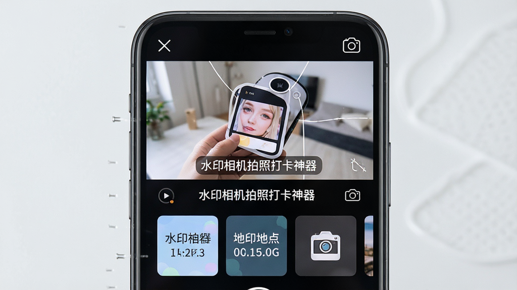 一张手机屏幕特写,显示水印相机拍照打卡神器的拍照界面,画面主体是手机,布局居中,排版上方为取景框,下方为水印模板选项,风格为写实科技风,细节包括屏幕上清晰显示