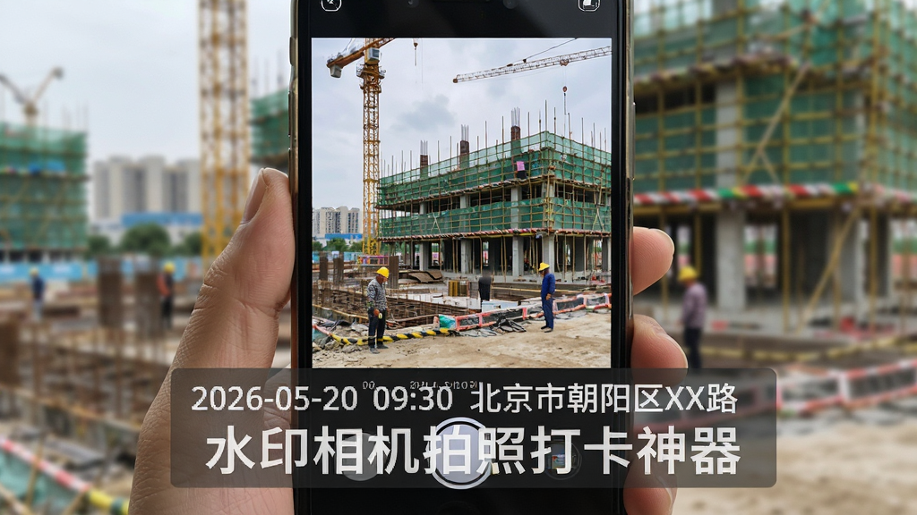 一张水印相机拍照打卡神器的功能展示图,画面主体为手机拍摄的建筑工地照片,布局为照片居中,排版照片底部叠加半透明水印条,风格为真实记录风,细节包括水印上显示
