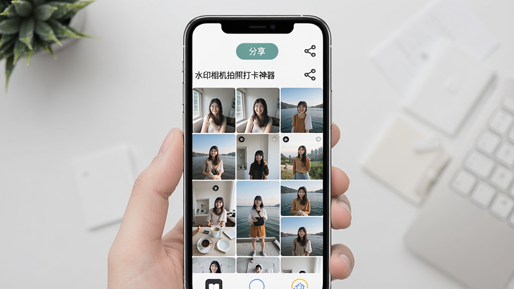 一张水印相机拍照打卡神器的分享与相册管理界面图,画面主体为手机屏幕,布局为照片网格列表,排版上方为分享按钮,风格为现代扁平风,细节包括