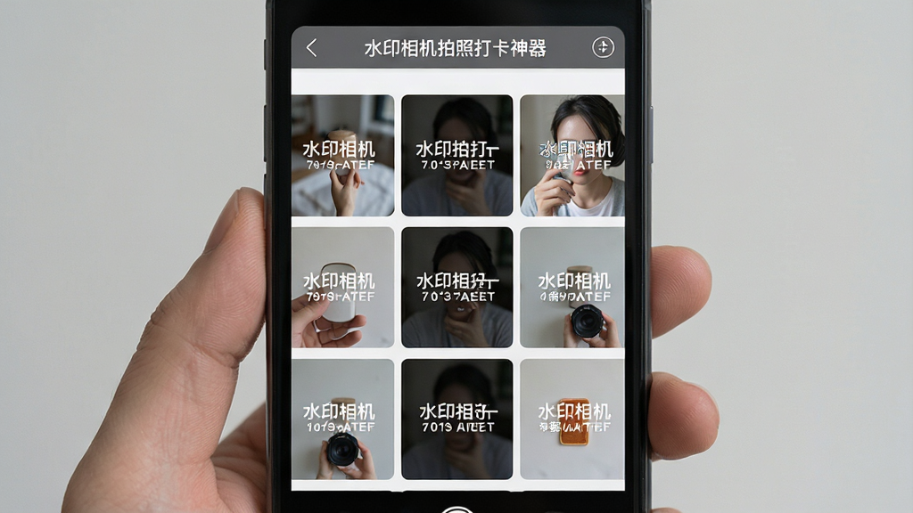 一张水印相机拍照打卡神器的模板选择界面截图,画面主体为手机屏幕,布局为九宫格模板排列,排版整齐,风格为清新简约风,细节包括多个水印模板缩略图以及