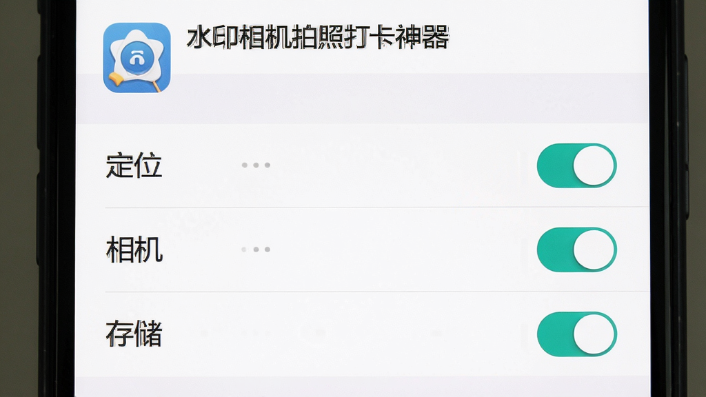 一张水印相机拍照打卡神器的权限设置引导截图,画面主体为手机设置界面,布局为权限列表,排版清晰,风格为系统原生风,细节包括