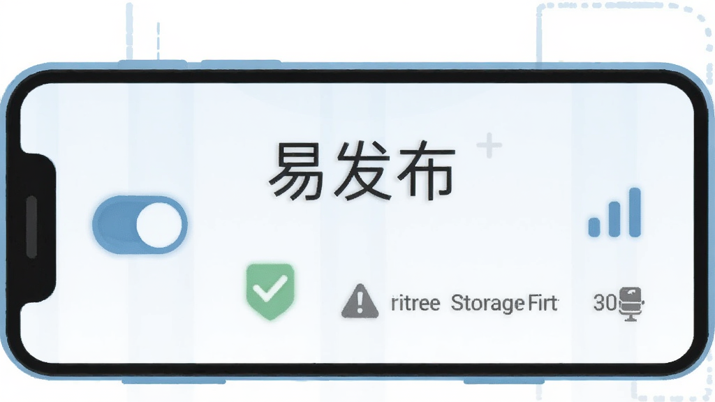 画面展示一部安卓手机屏幕,上面显示“易发布”软件界面,旁边有权限开关图标、网络信号图标和存储空间提示,风格为简洁扁平插画,主色调为浅蓝与白色,细节包括“易发布”文字、勾选标记、警告小图标,排版清晰,画质干净,无多余元素
