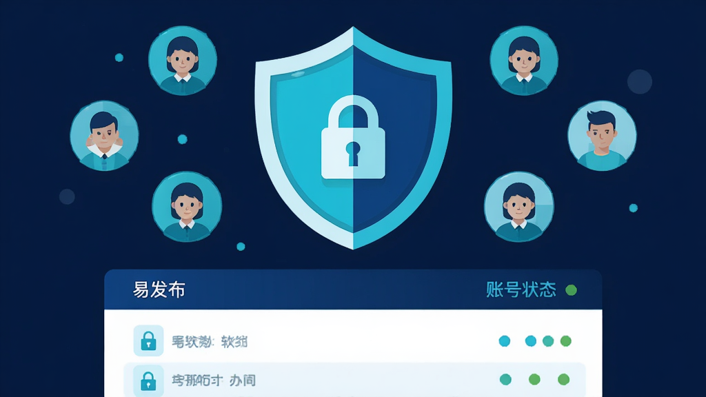 画面展示一个盾牌形状的安全图标,周围环绕着多个账号头像小图标,下方是简洁的列表界面,风格为科技感扁平插画,主色调为深蓝与青色,细节包括“易发布”软件名称、锁形符号、账号状态指示点,排版对称稳重,画质清晰干净,无多余元素
