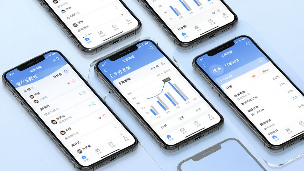 主体是华庭会业务端手机应用界面展示,布局为多台手机错落排列展示不同功能页面,排版清晰有层次感,风格为现代商务科技感,细节上手机屏幕显示客户列表、业绩图表、订单详情等界面元素,画质高清干净无多余元素,背景为简洁的浅蓝色渐变