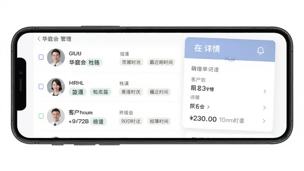 主体是华庭会业务端客户管理功能界面,布局为手机屏幕居中展示客户列表与详情卡片,排版上信息层级分明,风格为简洁商务扁平化,细节上显示客户头像、姓名、标签、最近跟进时间等元素,画质高清干净无多余元素,背景为纯白色