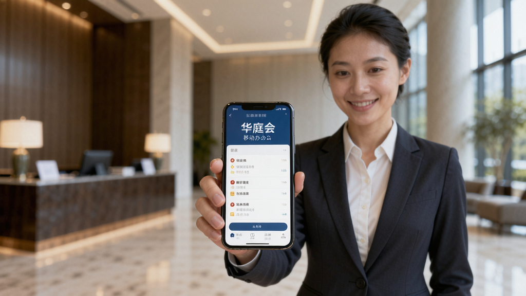 主体是华庭会业务端移动办公场景,布局为销售人员手持手机在酒店大堂使用应用,排版上人物与手机界面形成视觉焦点,风格为真实商务摄影感,细节上手机屏幕显示华庭会业务端界面,背景为现代化酒店环境,画质高清干净无多余元素