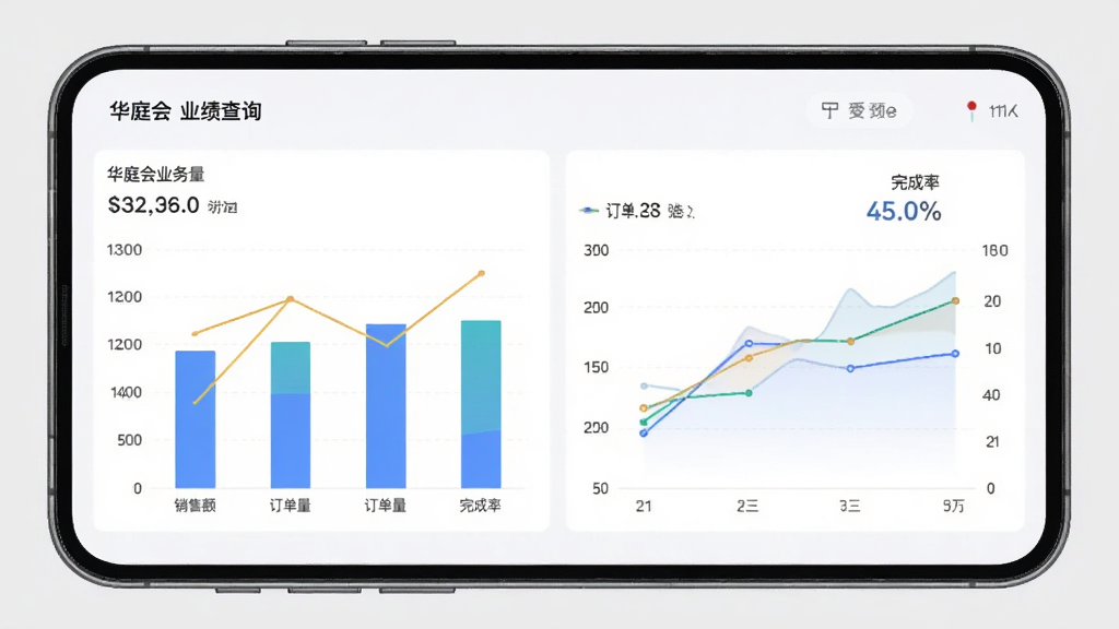 主体是华庭会业务端业绩查询界面,布局为手机屏幕展示柱状图与折线图组合的业绩报表,排版上图表占据主要区域,风格为现代数据可视化,细节上显示销售额、订单量、完成率等数据指标,画质高清干净无多余元素,背景为浅灰色
