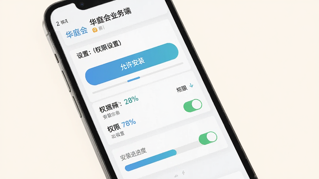 主体是华庭会业务端安装操作指引界面,布局为手机屏幕展示权限设置与安装进度条,排版上步骤清晰从上到下排列,风格为简洁扁平化教程风格,细节上显示
