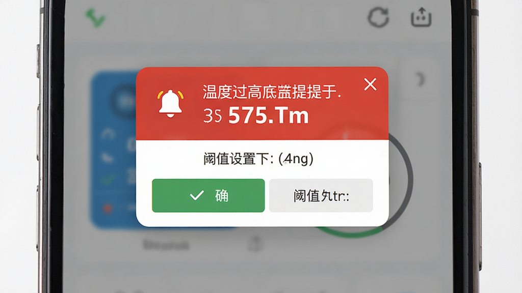 一张温湿度监控软件报警提醒界面的示意图,画面中手机屏幕弹出红色警告框,显示温度过高提示与当前数值,布局为居中弹窗,风格简洁警示风,细节包含铃铛图标、确认按钮、阈值设置入口,画质高清,画面干净
