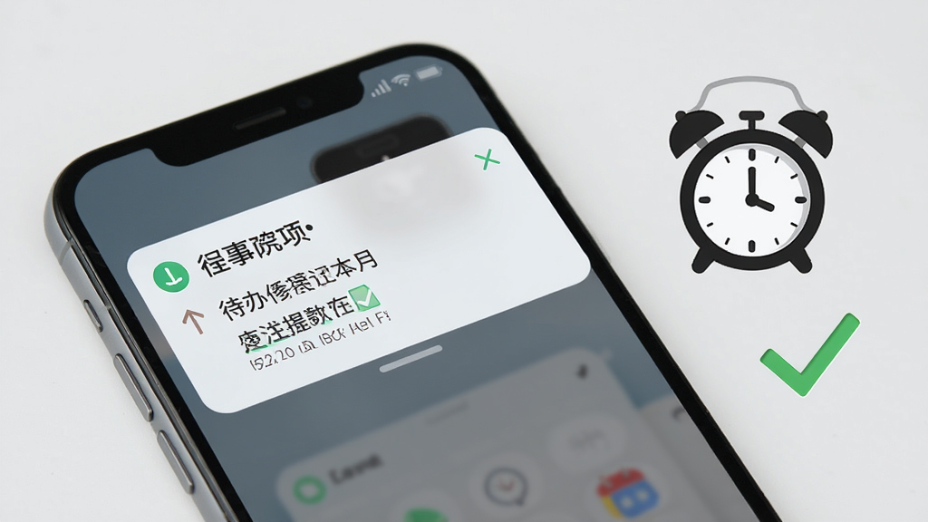随手便签记事本提醒功能示意图,画面中一部手机弹出便签提醒通知,通知内容显示待办事项,手机旁边有一个小闹钟图标和勾选标记,背景为浅灰色,风格简洁商务,细节丰富,画质清晰干净,无多余元素。