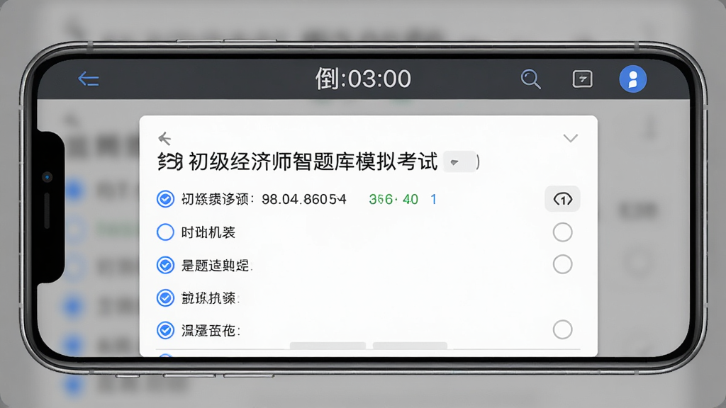 一幅初级经济师智题库模拟考试界面的图片,主体为手机横屏显示考试答题卡,屏幕上方有倒计时,下方有题目和选项,布局为全屏答题模式,风格为严肃考场风,细节包括灰色背景、白色答题卡、蓝色选中状态,画质清晰,无多余装饰