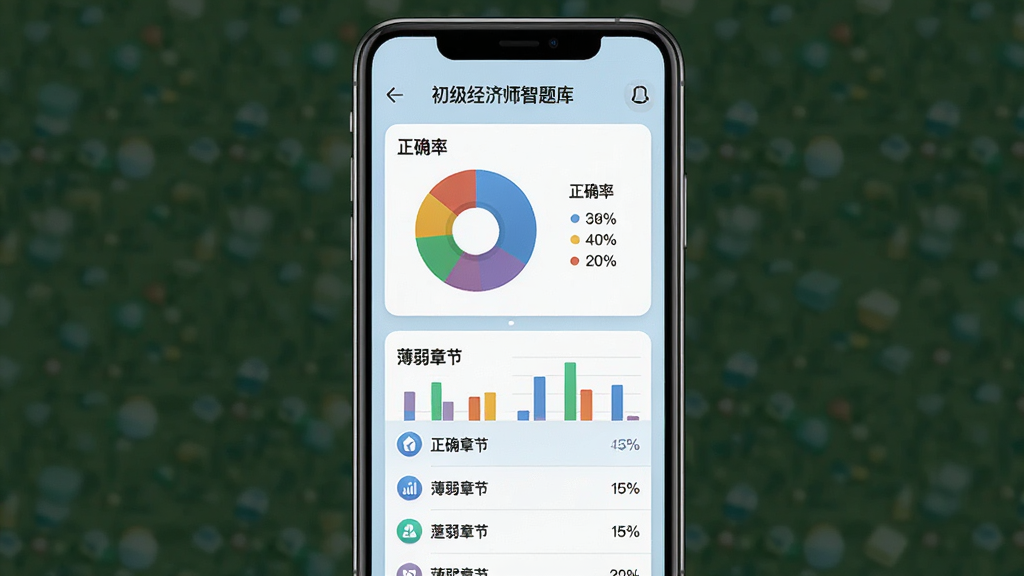 一张初级经济师智题库学习报告页面的图片,主体是手机屏幕显示彩色饼状图和柱状图,图表标注“正确率”“薄弱章节”等文字,布局为上下结构,上方是数据总览下方是详细列表,风格为清新商务风,细节包括浅蓝色背景、白色卡片、圆润图标,画质高清,画面干净整洁